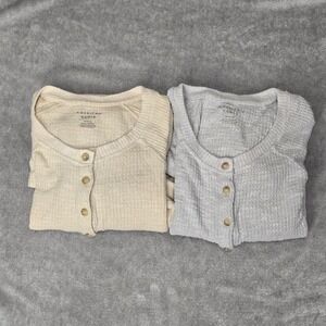 American Eagle Womens Long Sleeve Waffle Knit Henley Tops Cream Gray M Lot of 2